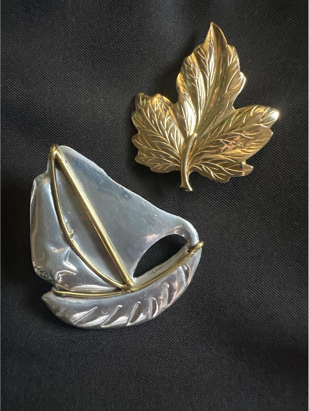 2 Brooch Lot Mexico Pendant Sailboat Gold Leaf Vintage Large